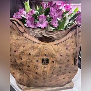 MCM Cognac Hobo Bag with Signature Pattern and Design